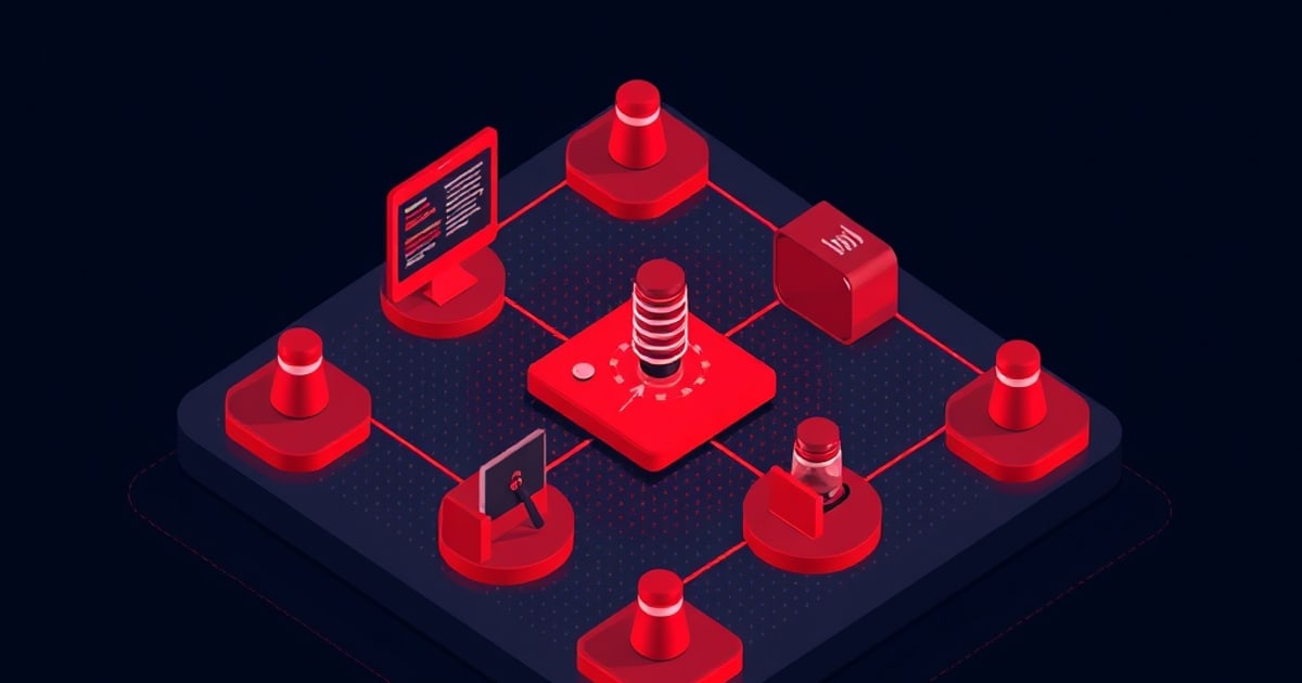 Isometric vector illustration showing tools and network elements related to agent tool-use and security spoke in llm environment.